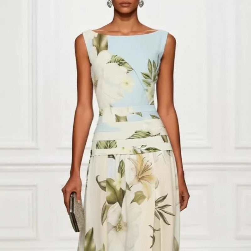 V-neck floral print women's dress sleeveless backless waist cinching long skirt 