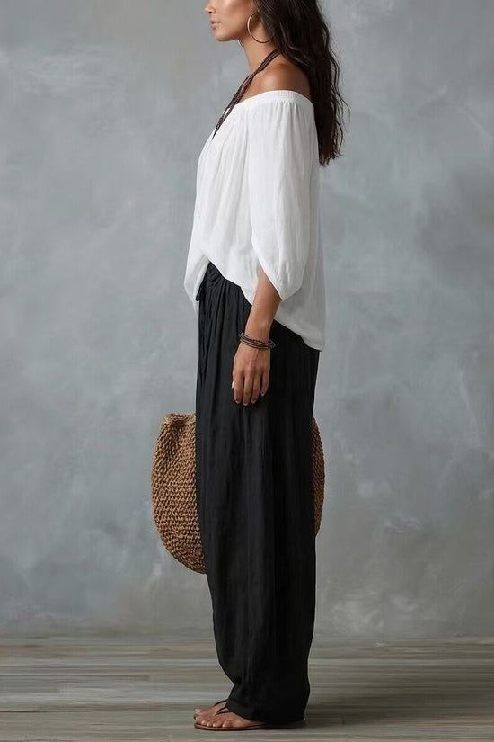Fashion One-Shoulder T-Shirt with Wide-Leg Pants Set for Women, Elegant Two-Piece Long Sleeve Casual Outfit 