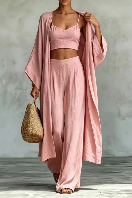 Loose cardigan short strap high waist wide leg pants set 