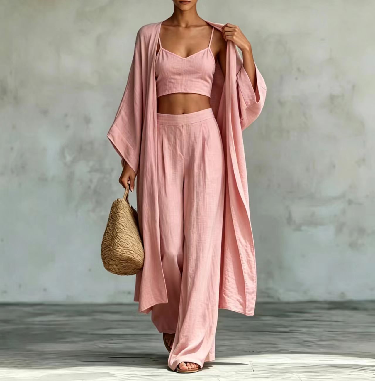 Loose cardigan short strap high waist wide leg pants set 