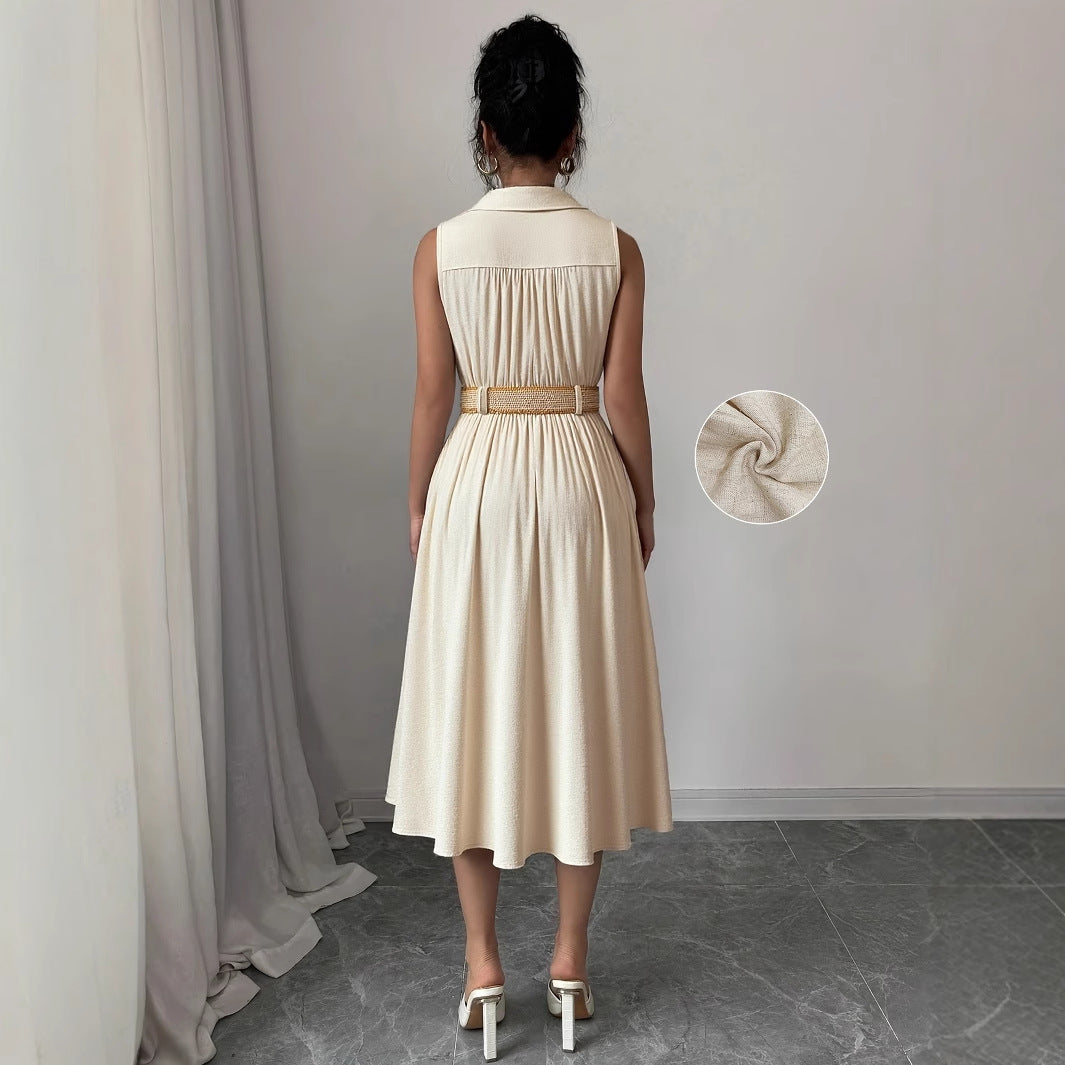 V-neck sleeveless breasted waistband A hem shirt dress for women 
