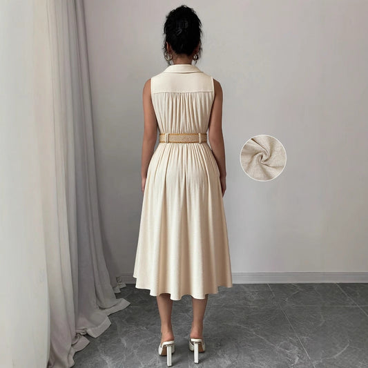 V-neck sleeveless breasted waistband A hem shirt dress for women 