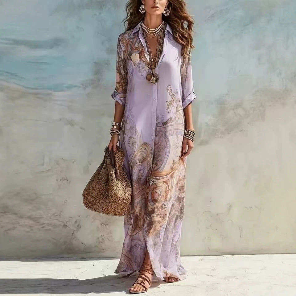 Chiffon Digital Print Fresh Vintage Flowy Women's Dress 