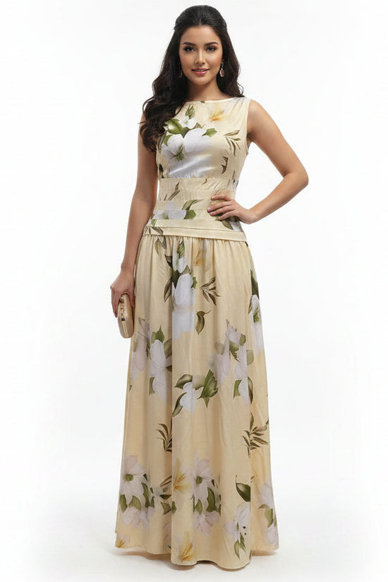 V-neck floral print women's dress sleeveless backless waist cinching long skirt 