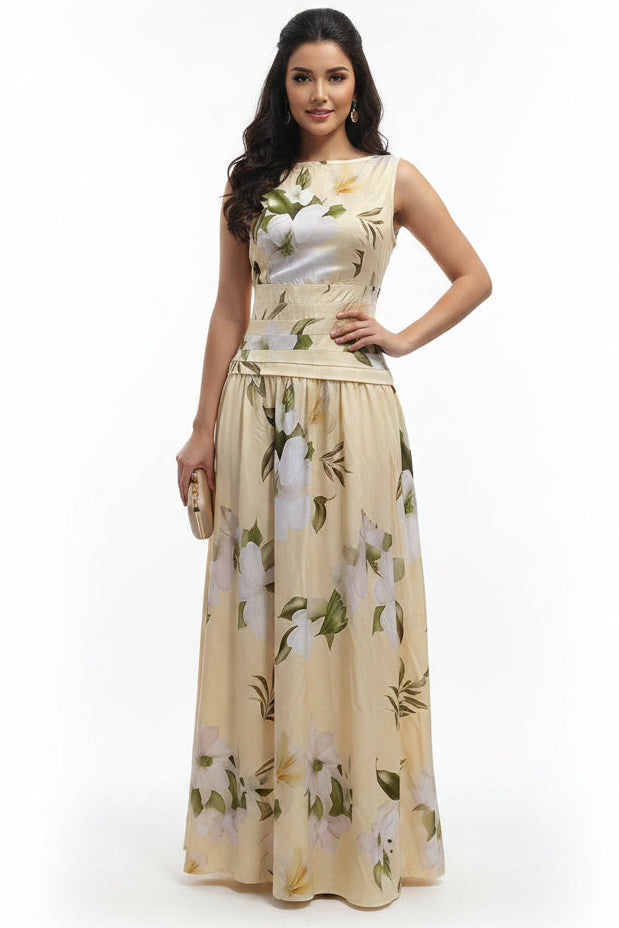 V-neck floral print women's dress sleeveless backless waist cinching long skirt 