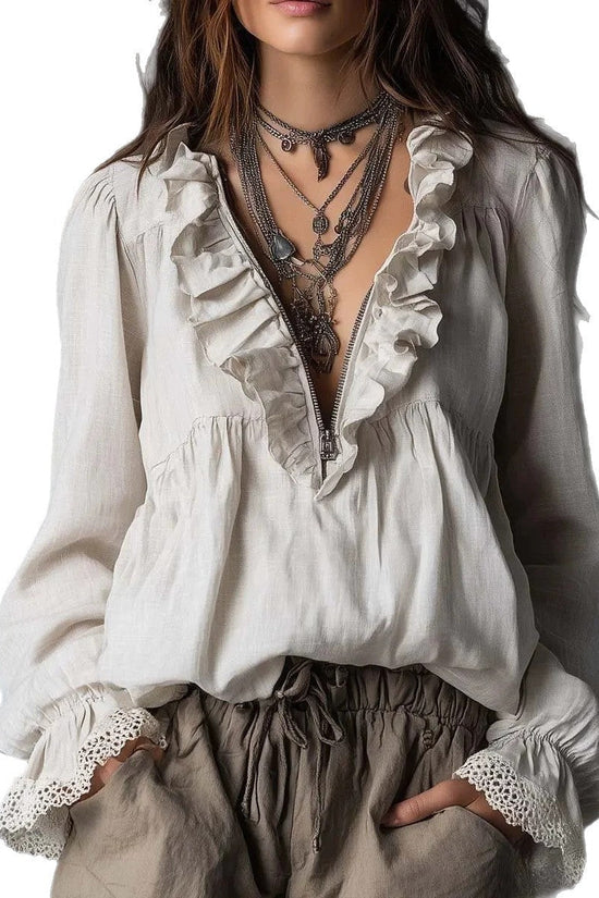 Lotus leaf edge half zipper V-neck lace flared sleeve long sleeved top 