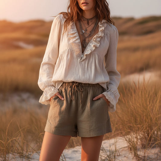 Lotus leaf edge half zipper V-neck lace flared sleeve long sleeved top 