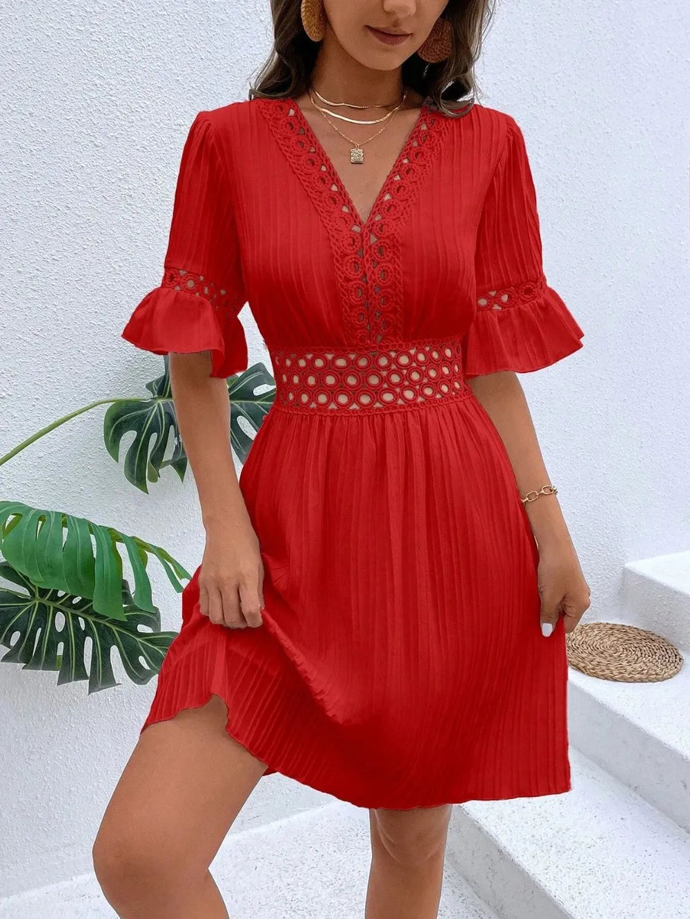 Cutout V-Neck Flounce Sleeve Mini Dress 