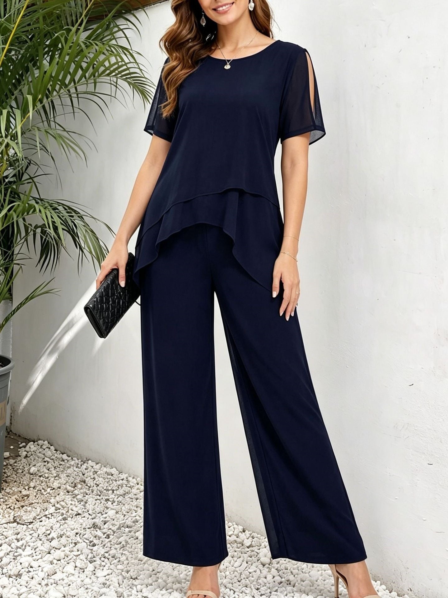 Irregular top wide leg long pants two-piece set