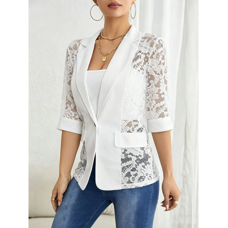 Solid color lace patchwork small suit jacket for women's top 