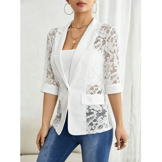 Solid color lace patchwork small suit jacket for women's top 