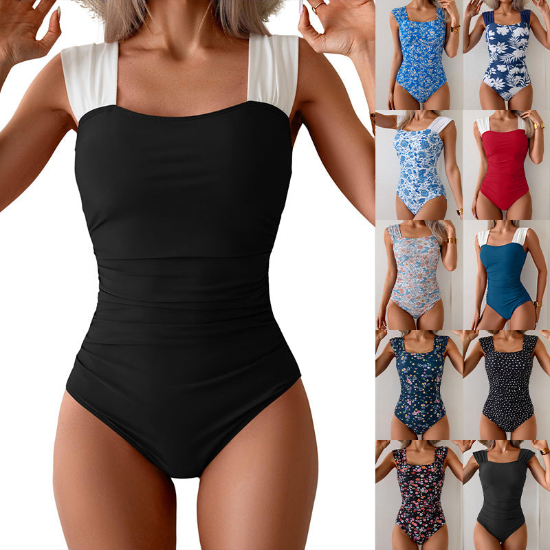 New Women's One-Piece Swimsuit, Vintage Square Neck, Tummy Control, Ruffle Detail, Modest Full Coverage Swimwear 