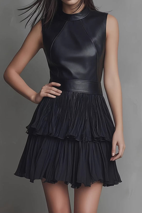 New short dress, sexy sleeveless PU leather spliced dress, elegant double-layer pleated ruffle hem skirt 