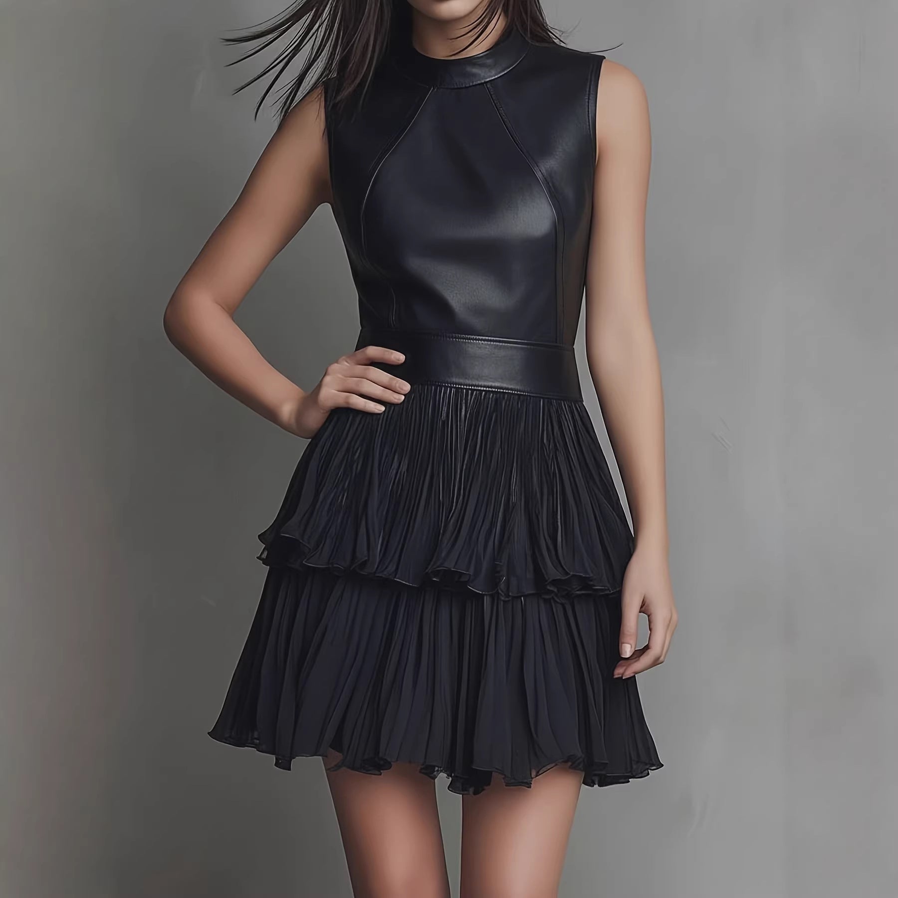 New short dress, sexy sleeveless PU leather spliced dress, elegant double-layer pleated ruffle hem skirt 