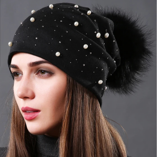 CNTANG 2024 Women's Fashion Hat Autumn Winter Rhinestones Pearl Hats Female Beanies Natural Raccoon Fur Pompom Cotton Warm Caps 