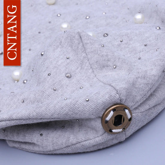 CNTANG 2024 Women's Fashion Hat Autumn Winter Rhinestones Pearl Hats Female Beanies Natural Raccoon Fur Pompom Cotton Warm Caps 