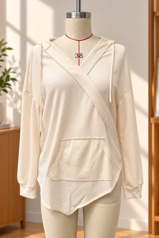 Women's Crossover-Neck Knit Hoodie with Pouch Pocket 