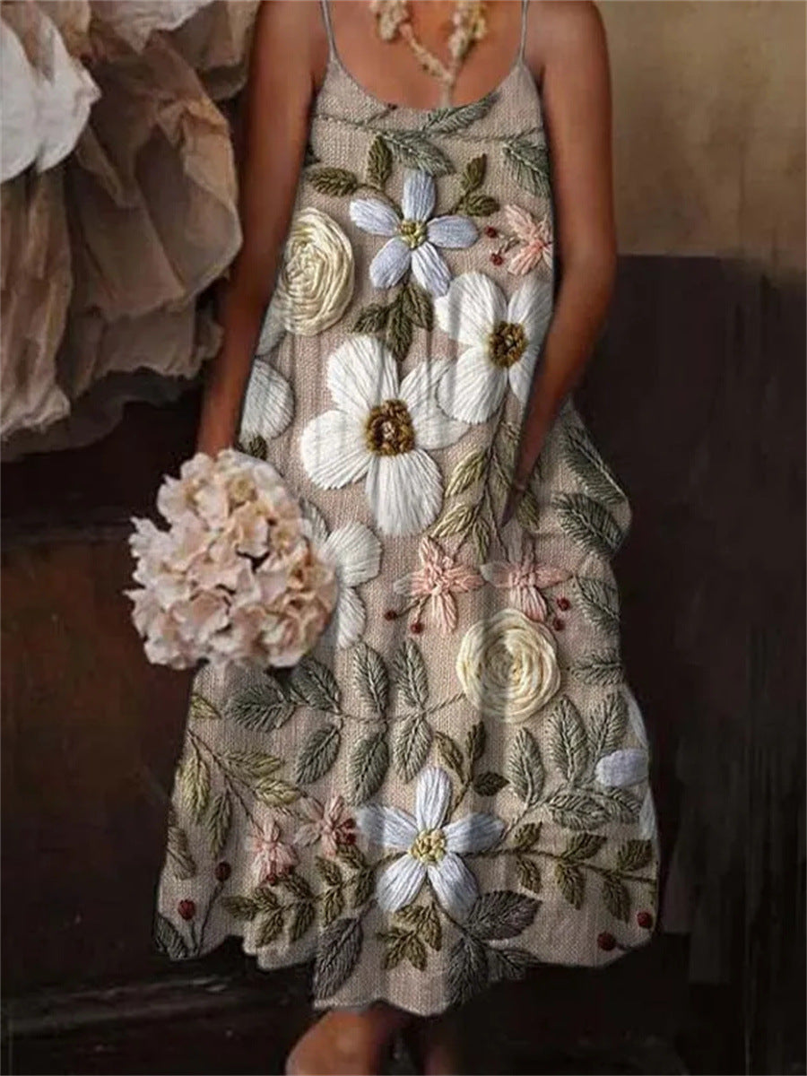 🌺 European & American Style Floral Art Print Sling Holiday Dress FitiqueFit
