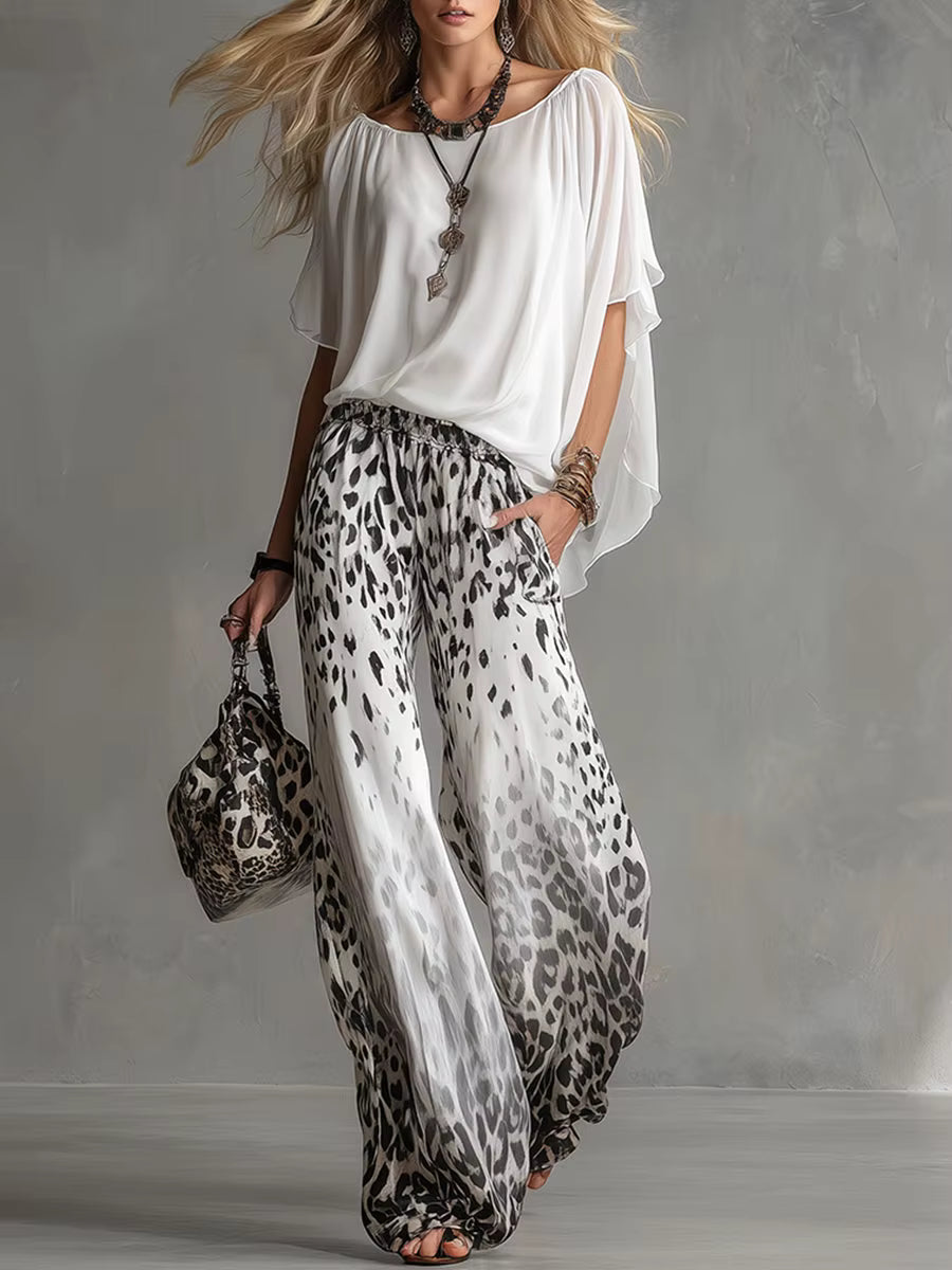 Chiffon Puff-Sleeve Top & Wide-Leg Pants Set – 15 Colors 
