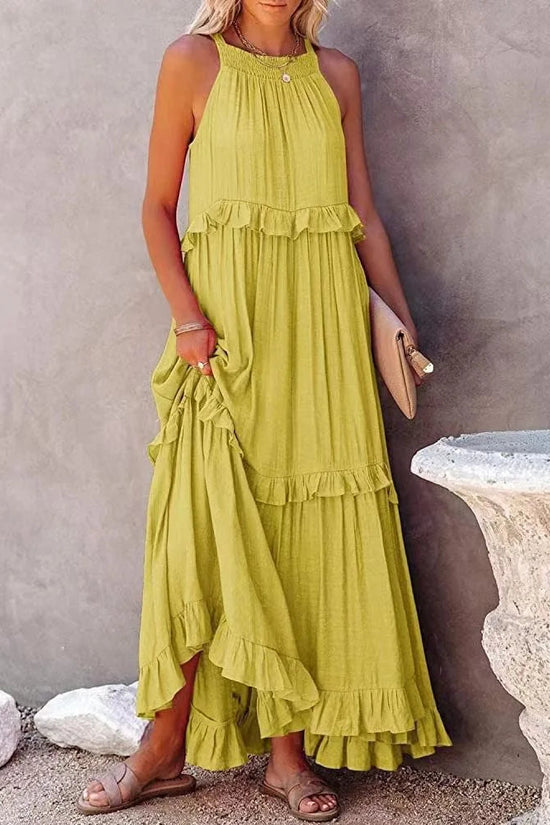Elegant Women's Apricot Ruffle Edge Long Mop Floor Dresses Summer Fashion Hanging Neck Sleeveless Lace Cake Dress vestiods S-3XL FitiqueFit