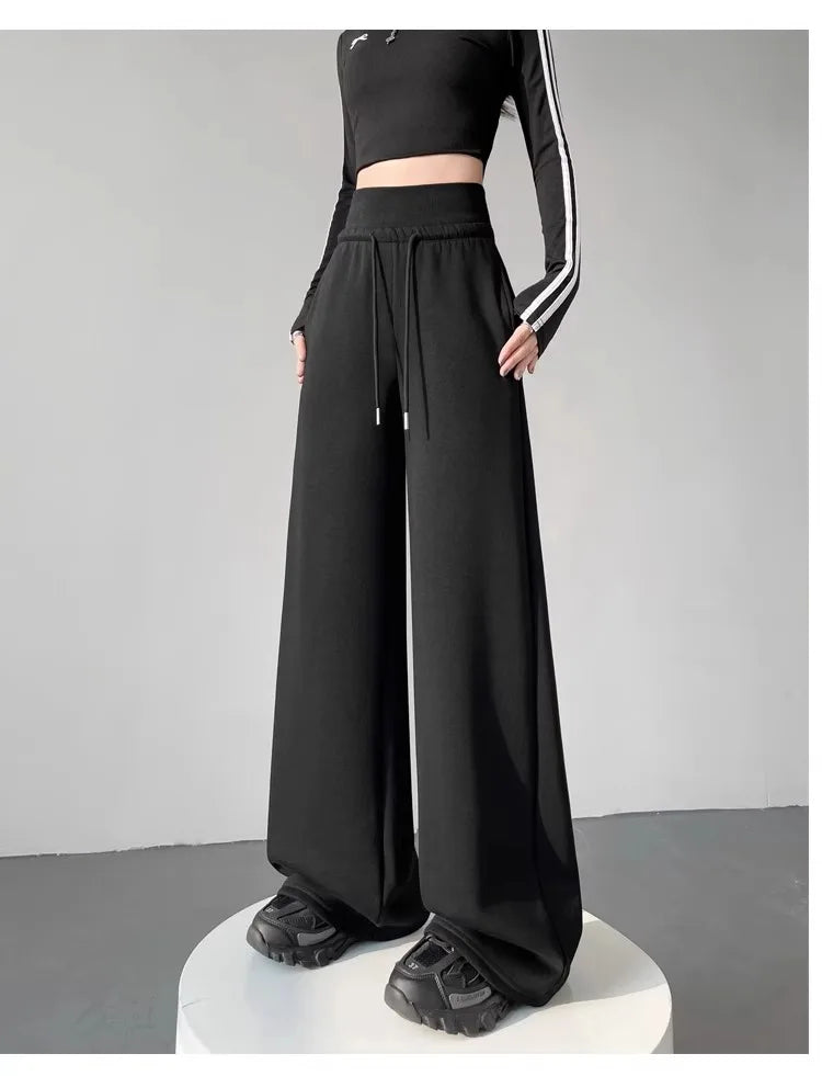 Women's gray sports high waist hanging loose slimming straight leg wide leg pants American sweatpants. 