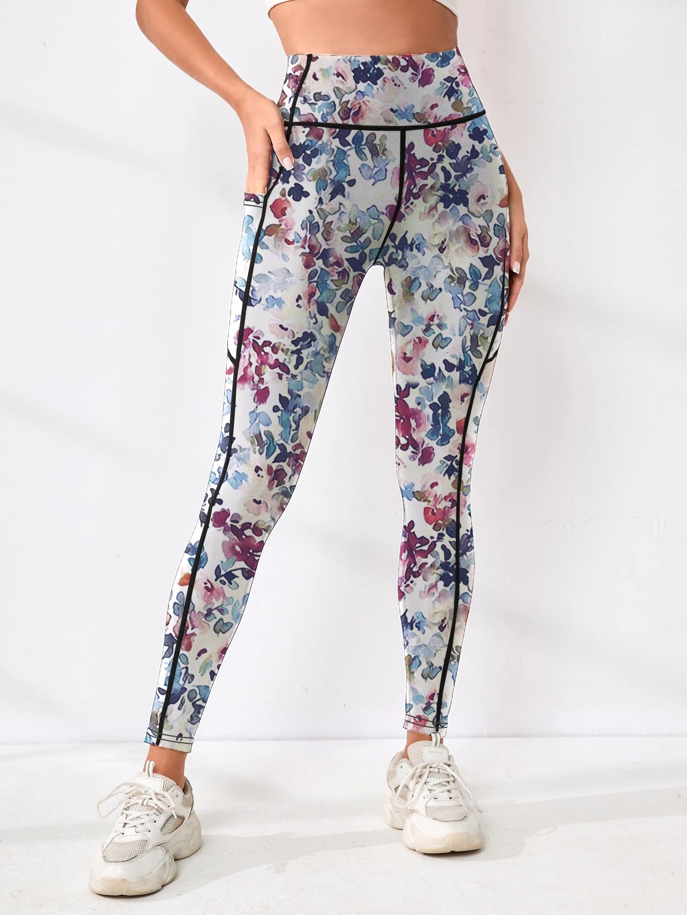 Printed women's high waistband pocket fitness pants paired with tight abdominal yoga pants, suitable for running, hiking, and sp 