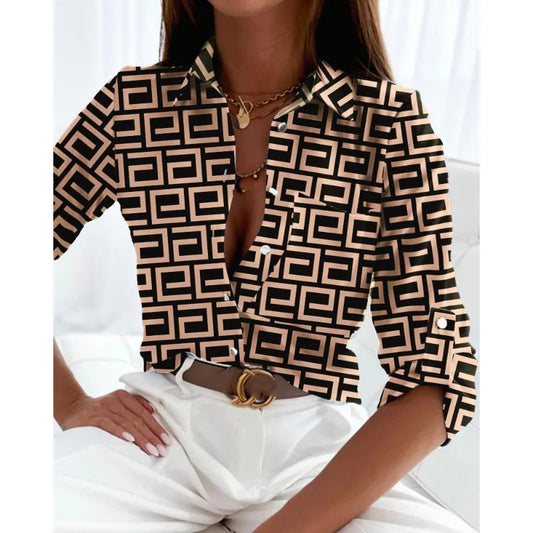 Spring/Summer Women's Commuter Long Sleeved Shirt Fashion Printed Lapel Holiday Casual Shirt Elegant Women's Shirt 