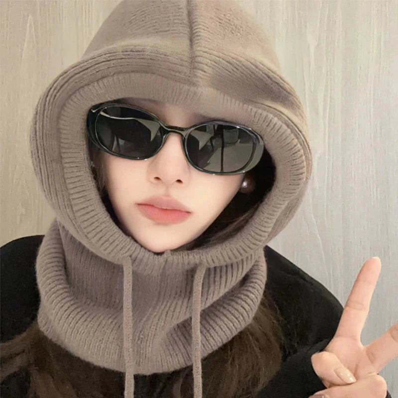Knitted Hooded Caps Winter Balaclava Hats Women Korean Style Outdoor Warmer Drawstring Hats One-piece Neck Collar Beanies Cap FitiqueFit