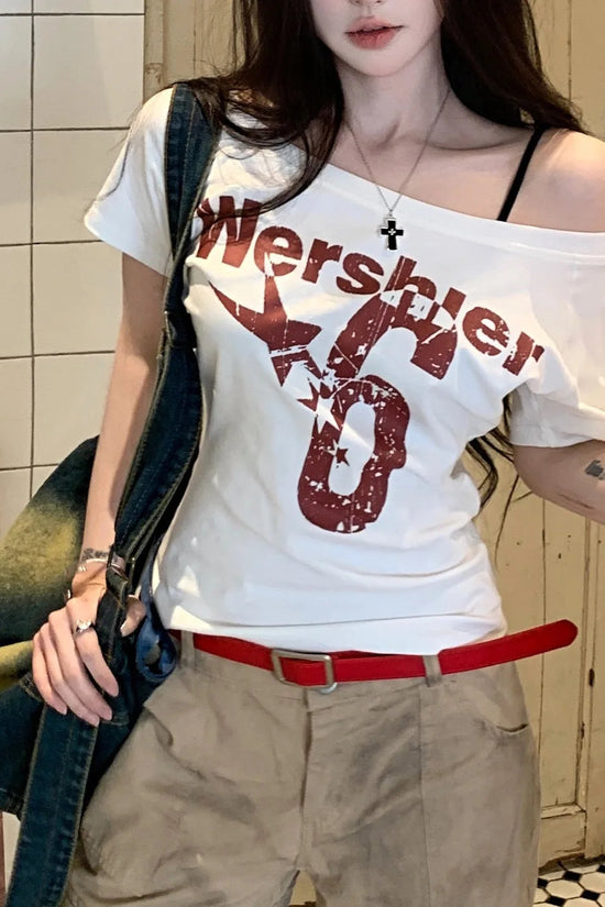 1pcs Summer Women Basic Model Letter Print T-Shirt Lady Short-Sleeved Skew Collar t-Shirt Female Street Style Sexy Slim Fit Tee FitiqueFit