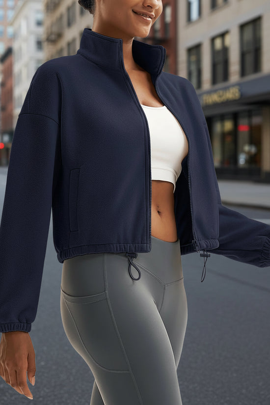 TACVASEN Winter Fleece Cropped Jackets Womens Fashion Stand Collar Casual Outwear Tops Lightweight Warm Outdoor 4 Pockets Coats 
