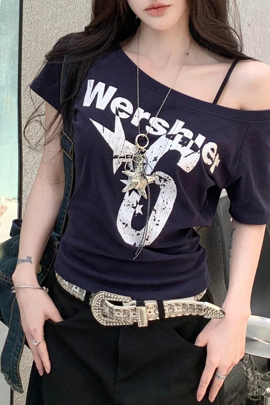 1pcs Summer Women Basic Model Letter Print T-Shirt Lady Short-Sleeved Skew Collar t-Shirt Female Street Style Sexy Slim Fit Tee FitiqueFit