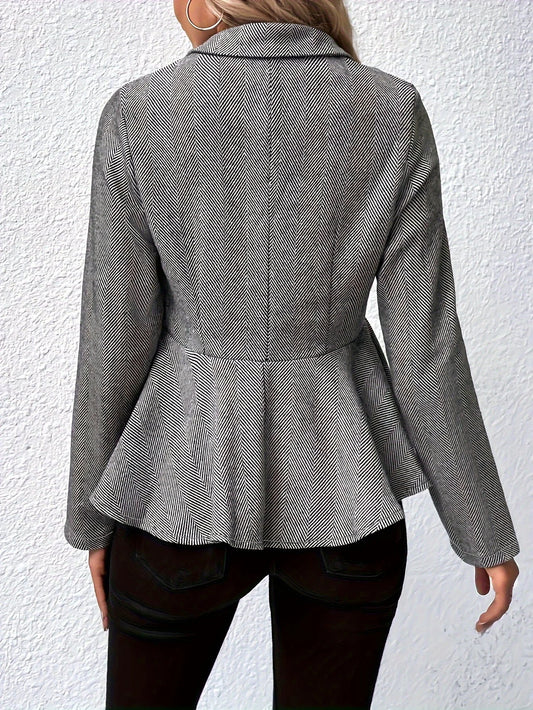 Plus Size Solid Color Peplum Jacket, Casual Button Front Long Sleeve Outerwear, Women's Plus Size Clothing 