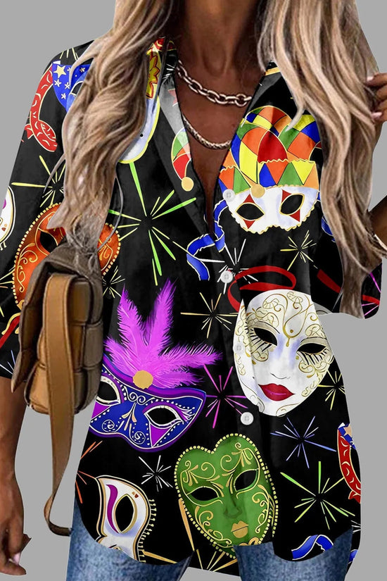 🎭 Mardi Gras Women's V-Neck Long Sleeve Carnival Print Shirt FitiqueFit