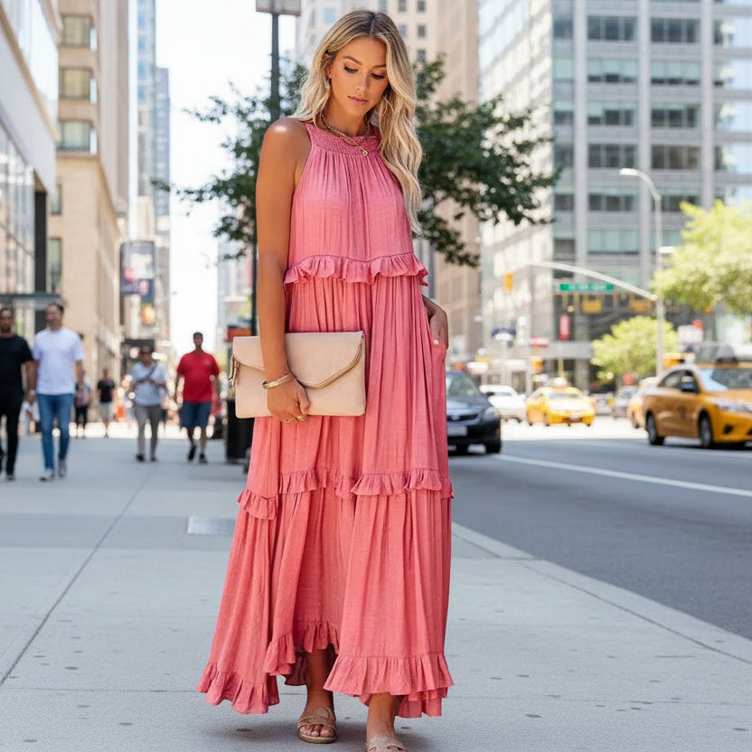 Elegant Women's Apricot Ruffle Edge Long Mop Floor Dresses Summer Fashion Hanging Neck Sleeveless Lace Cake Dress vestiods S-3XL FitiqueFit