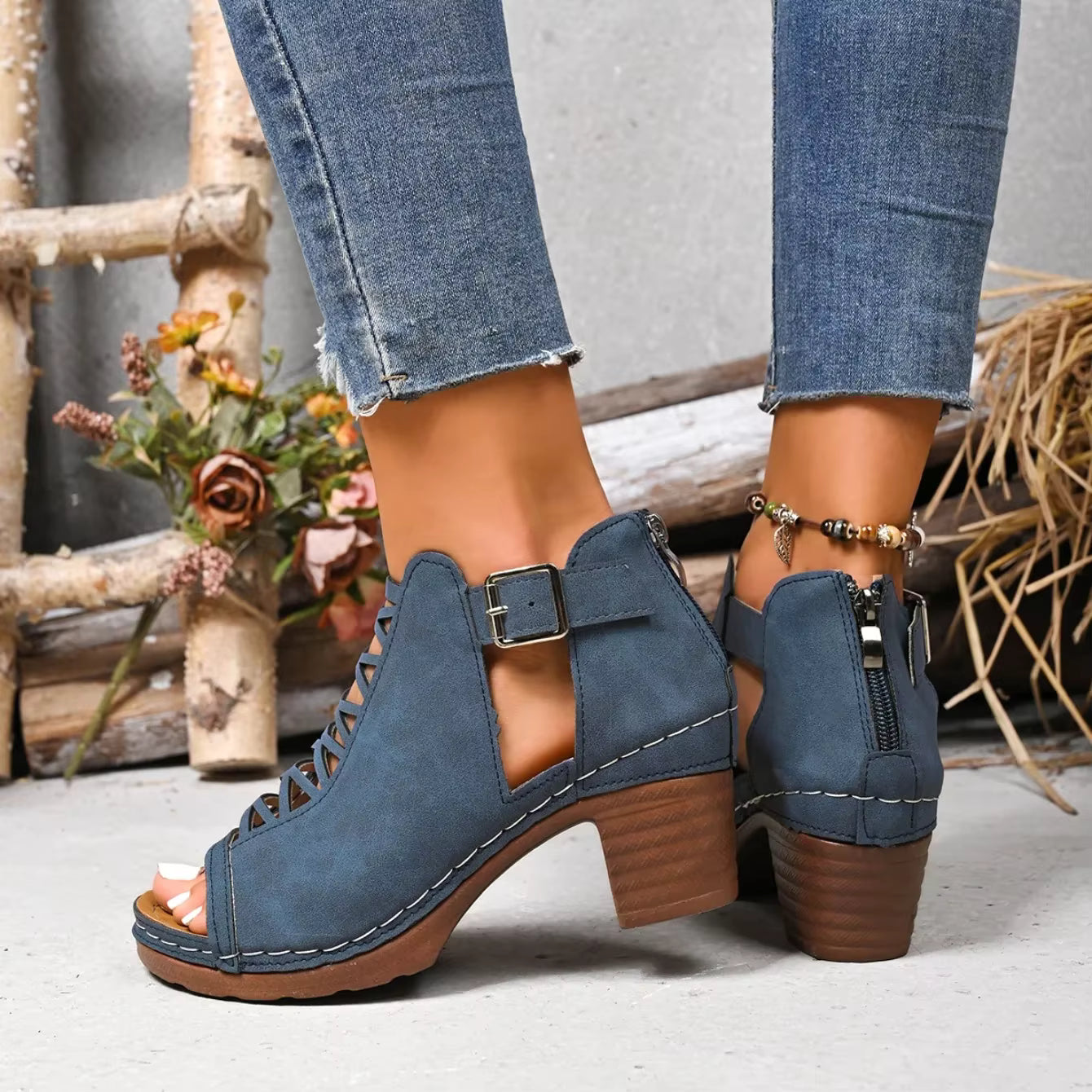Women's Peep-Toe Block Heel Sandals | Single Strap Buckle Suede Heels in Denim Blue | EU 36–42 