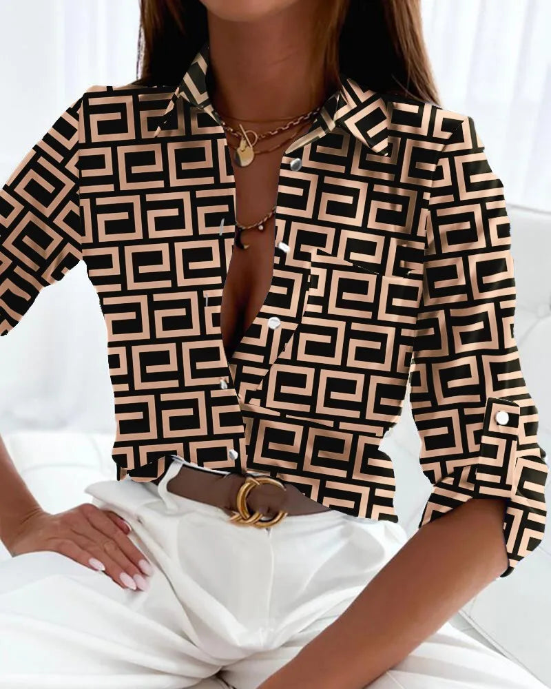 Elegant Women Blouse 2023 Spring and Autumn Temperament Top Long Sleeve Stripe Print Office Slim Fit Pocket Shirt 