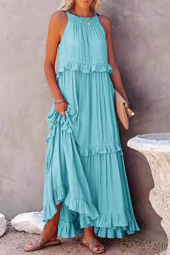 Elegant Women's Apricot Ruffle Edge Long Mop Floor Dresses Summer Fashion Hanging Neck Sleeveless Lace Cake Dress vestiods S-3XL FitiqueFit
