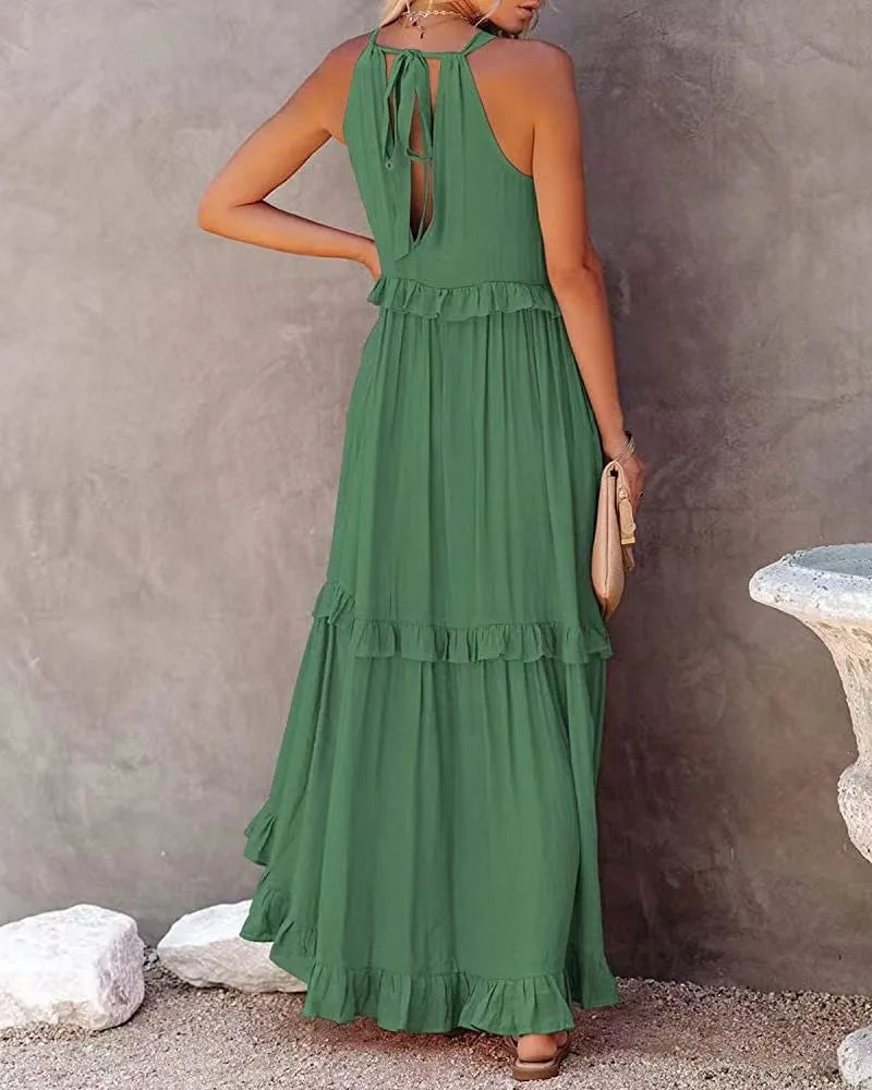 Elegant Women's Apricot Ruffle Edge Long Mop Floor Dresses Summer Fashion Hanging Neck Sleeveless Lace Cake Dress vestiods S-3XL FitiqueFit
