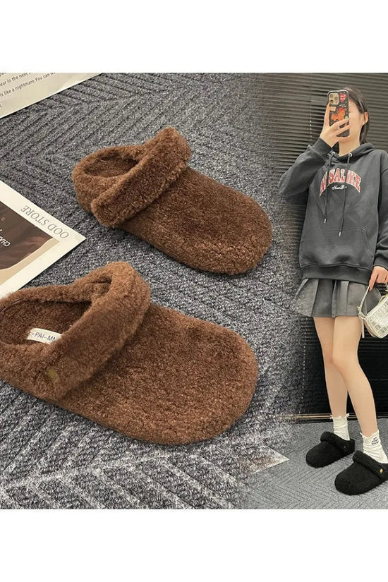 Winter 2025 Cotton Drag Outside Flat Fluffy Slippers 