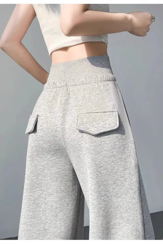Women's gray sports high waist hanging loose slimming straight leg wide leg pants American sweatpants. 
