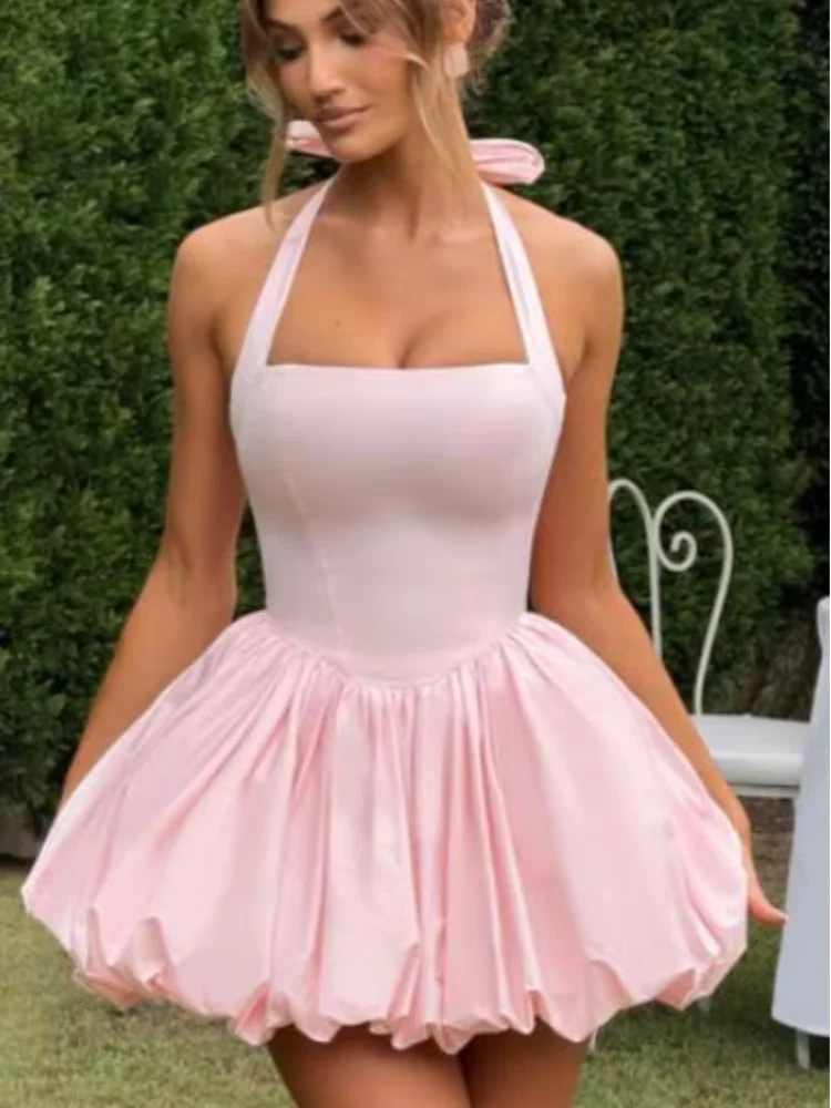 Women’s Pink Corset Puffball-Hem Mini Dress FitiqueFit