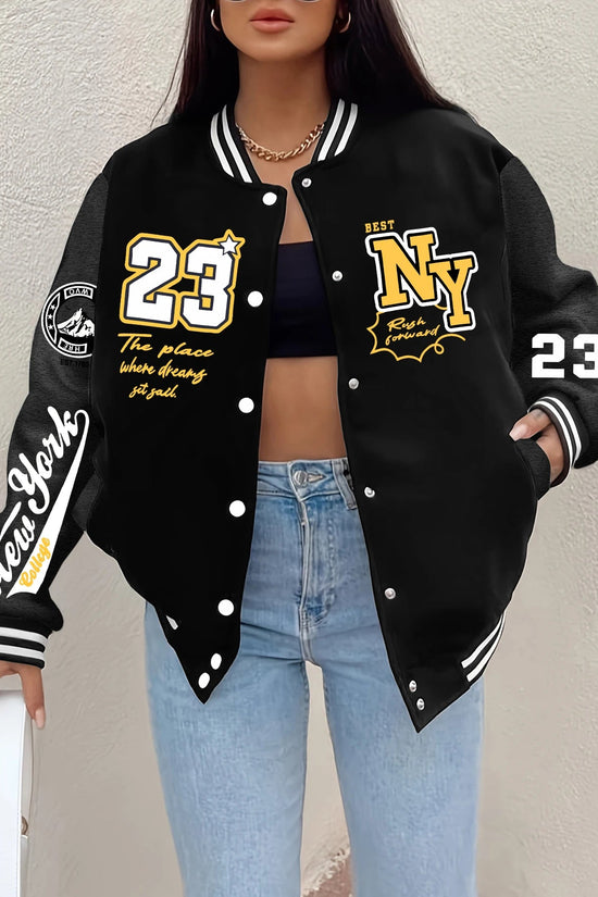 New York Art Letter 23 Printed Women Jacket Harajuku Fleece Baseball Jersey Button Personality Streetwear Vintage Loose Clothing 