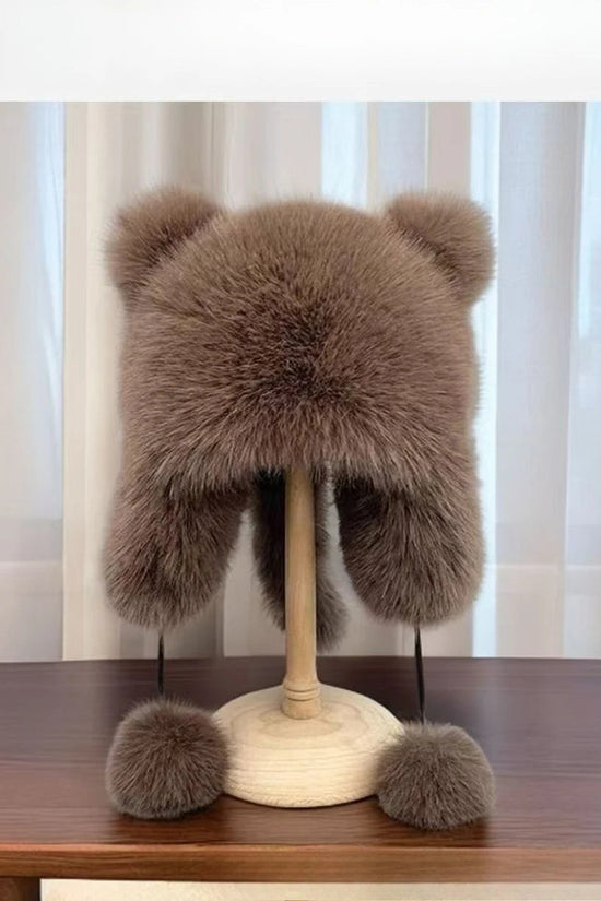 Autumn and Winter imitation fox fur Lei Feng cap with cute cat ear design, thickened warm ear-protecting raccoon cap, plush hat 