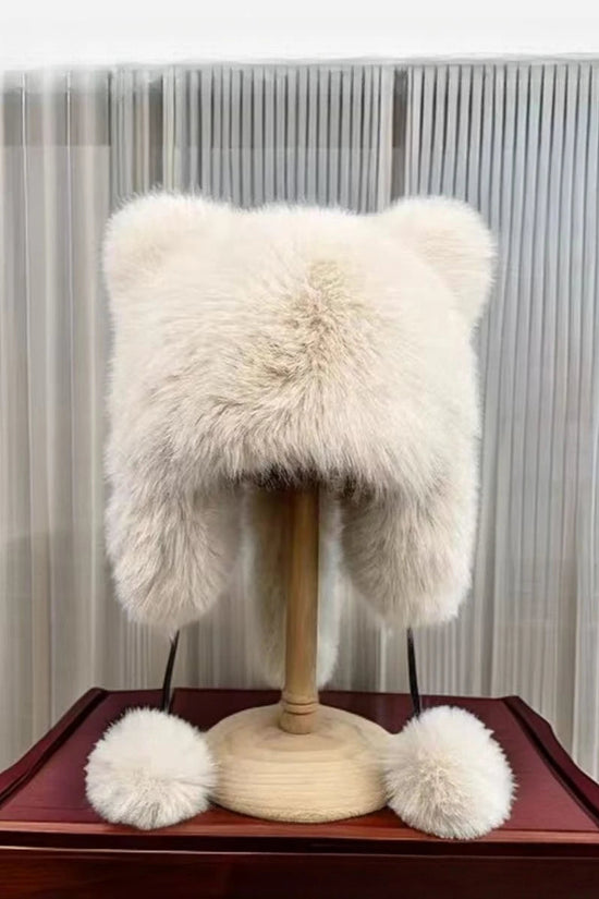 Autumn and Winter imitation fox fur Lei Feng cap with cute cat ear design, thickened warm ear-protecting raccoon cap, plush hat 