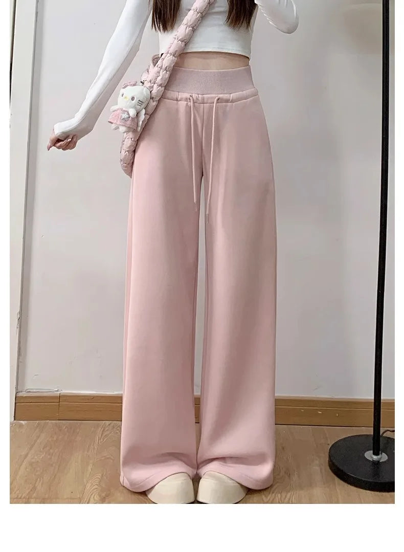 Women's gray sports high waist hanging loose slimming straight leg wide leg pants American sweatpants. 