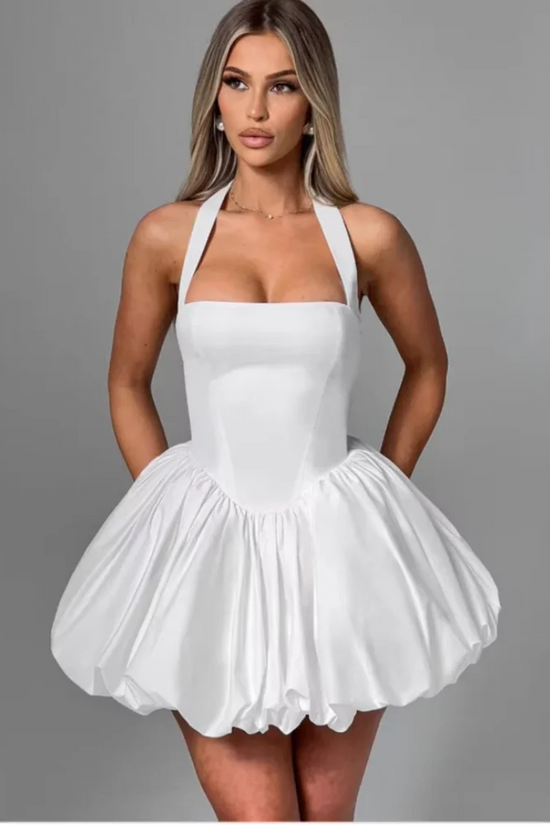 Women’s Pink Corset Puffball-Hem Mini Dress FitiqueFit