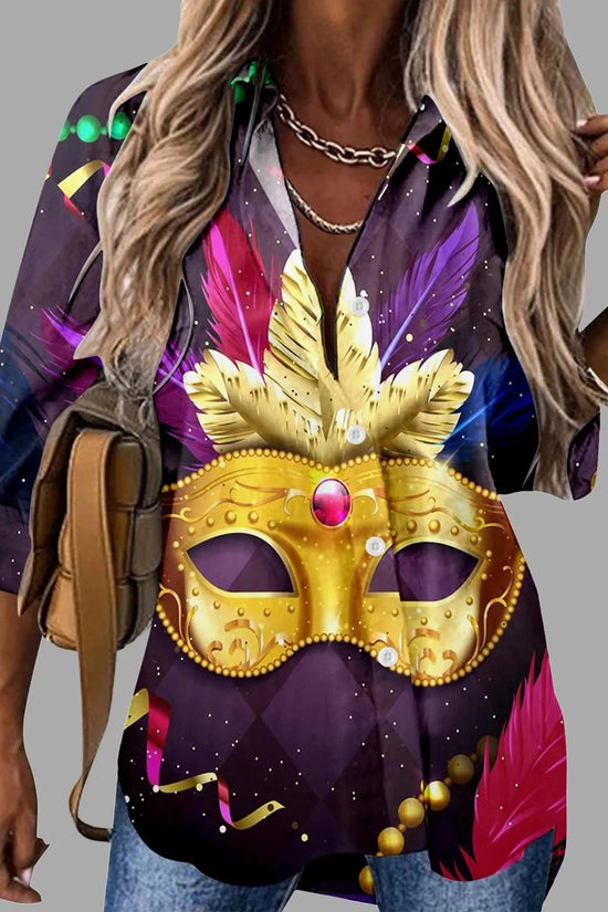 🎭 Mardi Gras Women's V-Neck Long Sleeve Carnival Print Shirt FitiqueFit