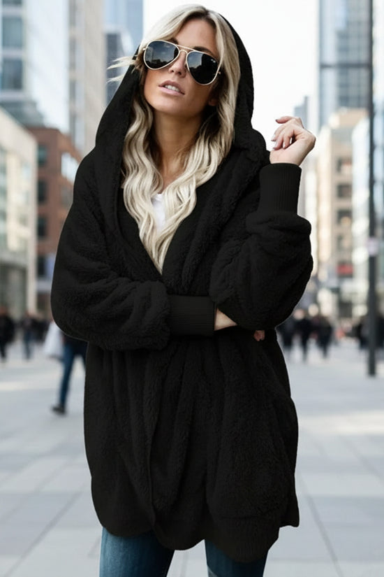 Autumn Winter Double Fleece Cardigan Jacket Women Solid Color Long Sleeve Plush Warm Hooded Lady Jacket Oversized Outerwear Coat 