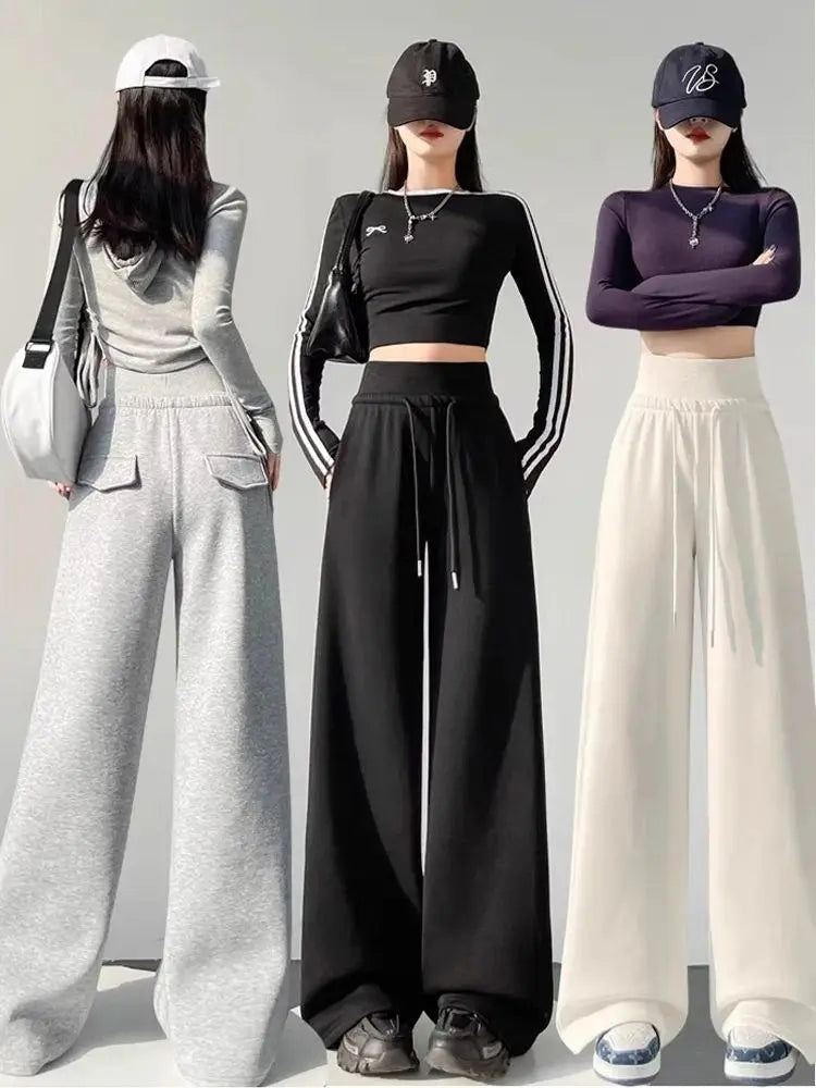 Women's gray sports high waist hanging loose slimming straight leg wide leg pants American sweatpants. 