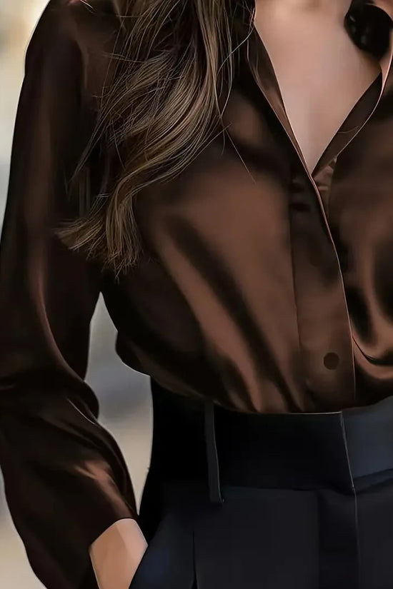 2025 Spring and Autumn Women's Lapel Shirt Brown Button Cardigan Top Black Elegant Fashion Office Basic Blouses for Female 